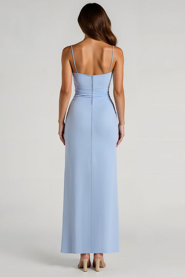 Light Blue Spaghetti Straps Sheath Ruched Long Bridesmaid Dress